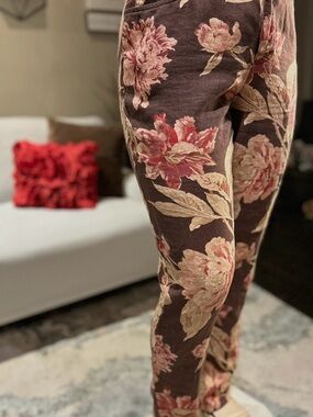 Ralph Lauren Brown 100% Linen Pants with Pink and Cream Floral Pattern